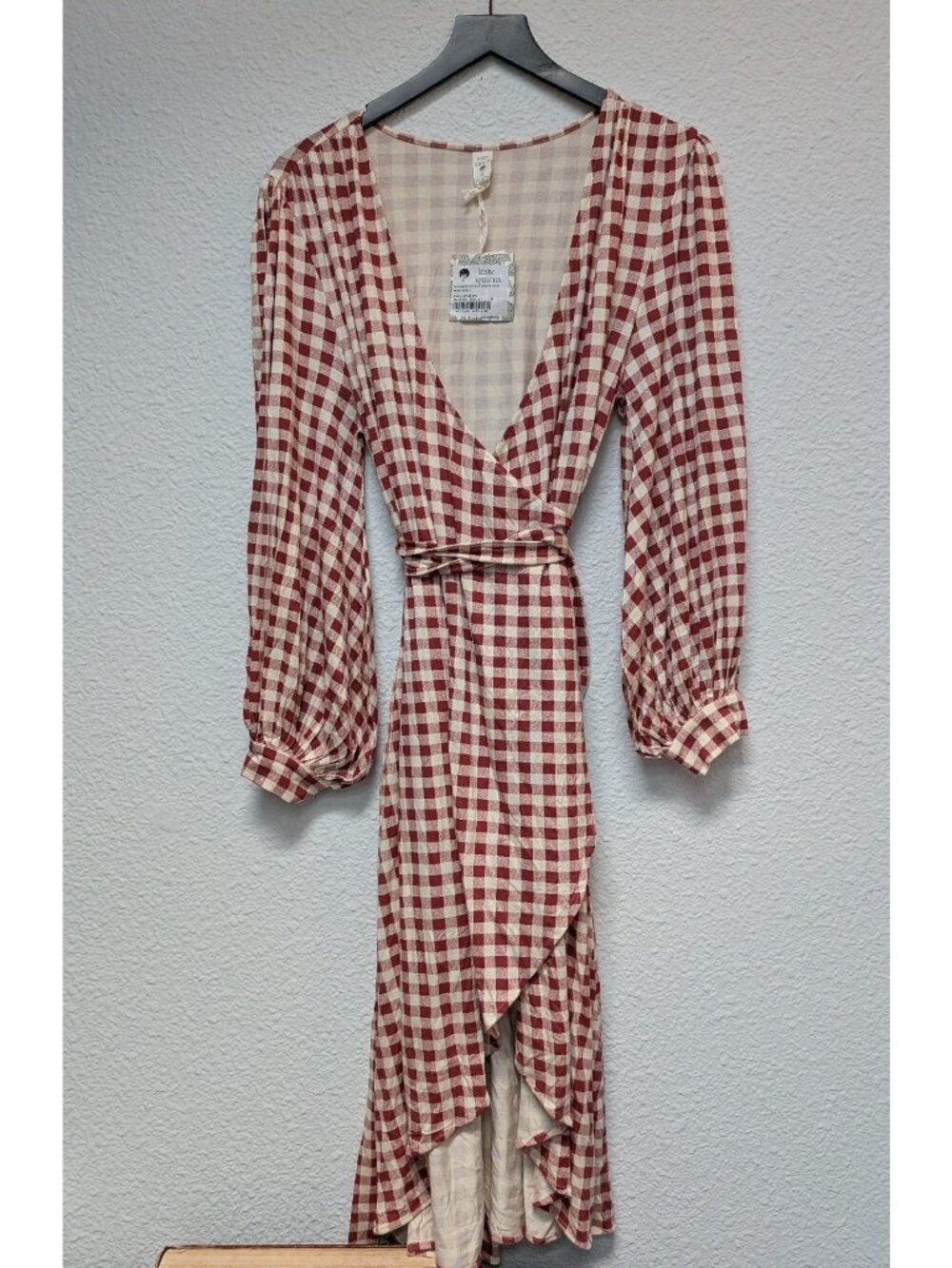 Kate Quinn Bamboo Wrap Dress Balloon Sleeve Berry Gingham Medium